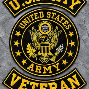 May include: A set of three embroidered patches featuring a black background with yellow borders and lettering. The top arc reads U.S. ARMY, the center circle displays the United States Army emblem, and the bottom arc reads VETERAN.
