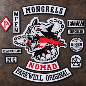 Mongrels MC Embroidered Biker Patch Set, Wolf Skull Center, Nomad Rocker (Sew-On)