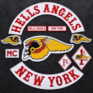 Juego de parches bordados de Hells Angels New York MC, chaleco de motociclista con calavera alada (10 piezas)