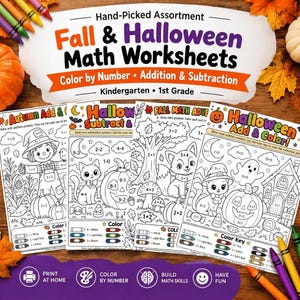 May include: A set of black and white Fall and Halloween math worksheets for kindergarten and 1st grade, featuring addition and subtraction problems, color by number activities, and illustrations of pumpkins, cats, ghosts, and scarecrows.