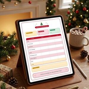 Può includere: Un tablet digitale che mostra un modello di pianificatore di budget natalizio con sezioni per il budget totale, le spese e i fondi rimanenti, inclusa una tabella per categorie come regali, cibo e viaggi.