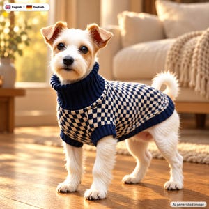 May include: A small white dog with tan ears wearing a navy blue and cream checkered knit sweater. The sweater features a high ribbed turtleneck collar and ribbed cuffs around the leg openings, providing a snug fit for the canine.