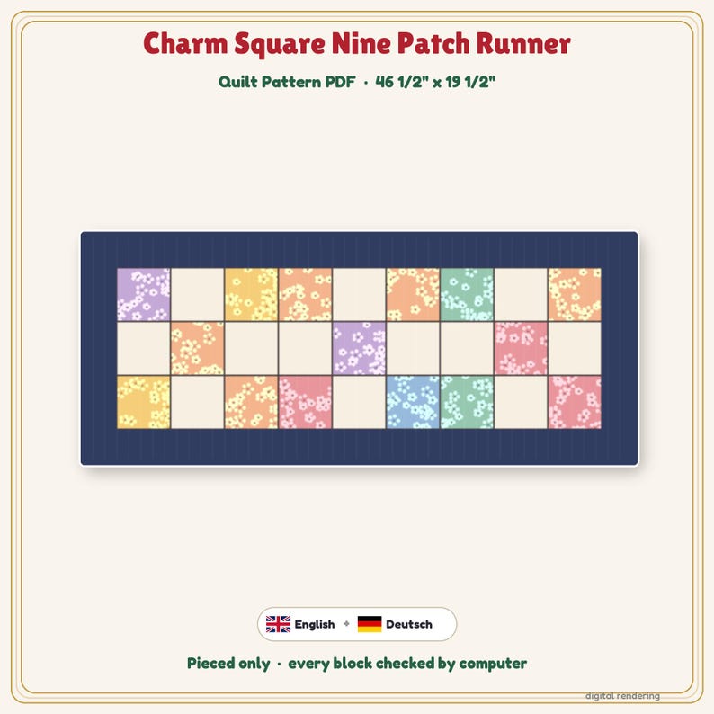 Charm Square Nine Patch Runner Pattern + Video Tutorial, EN + DE PDF image 4