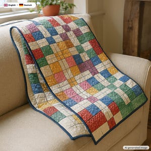 Op de afbeelding: Een gewatteerde plaid met een rasterpatroon van veelkleurige vierkanten in tinten rood, blauw, geel en groen, gescheiden door dunne witte lijnen. De deken heeft een donkerblauwe stoffen rand en een textuurrijk, doorgestikt oppervlak over het geheel.