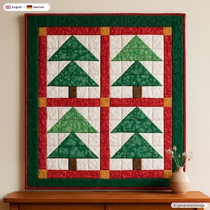 May include: A square wall quilt featuring four blocks, each displaying a green fabric Christmas tree with a brown trunk on a white background. The quilt is framed by a red border with gold corner squares and a dark green outer border.