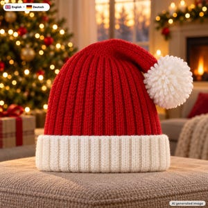 Santa Hat Beanie Knitting Pattern, Baby to Adult + Video Tutorial, EN + DE PDF