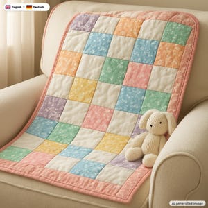 May include: A patchwork quilt featuring a grid of squares in pastel shades of pink, blue, yellow, green, and lavender with a subtle floral pattern, finished with a pink border, accompanied by a small, cream-colored knit rabbit toy.