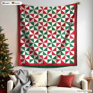 May include: A square wall hanging quilt featuring a repeating geometric pattern of red, green, and white triangles. The quilt is bordered by a solid red band and has a dark green edge, displaying a festive color scheme throughout.