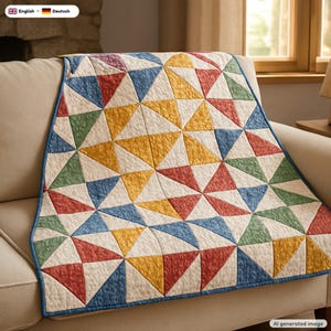 May include: A quilted blanket featuring a geometric pattern of triangles in shades of mustard yellow, muted red, sage green, and dusty blue, all set against a cream background with a solid blue border trim along the edges of the fabric.