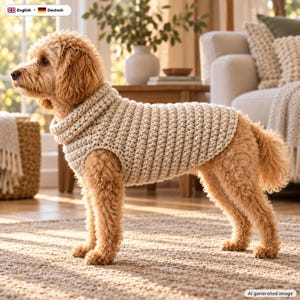 May include: A light beige, chunky knit dog sweater with a high, folded turtleneck collar. The garment features a textured, ribbed stitch pattern that covers the torso, providing a snug fit for the dog while leaving the legs and tail free.