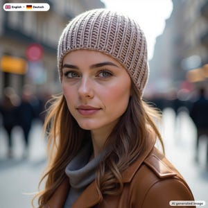 May include: A light brown ribbed knit beanie hat worn on the head. The beanie features a vertical textured knit pattern and a snug fit. The material appears to be a soft yarn, providing a simple and functional design for headwear coverage.