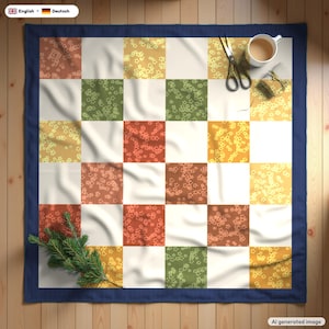 May include: A square quilt featuring a checkerboard pattern of alternating solid white squares and squares with floral prints in shades of orange, yellow, and green. The quilt is bordered by a dark blue frame and includes a small pine branch.