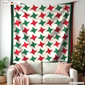 May include: A rectangular wall tapestry featuring a repeating pattern of four-pointed stars in alternating red and green colors against a cream-colored background, framed by a solid dark green border on the left and right sides.