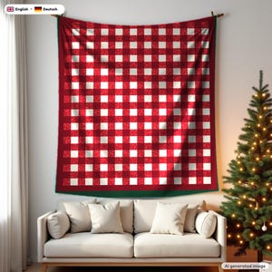 May include: A large rectangular wall tapestry featuring a red and white checkered pattern with a solid dark green border. The fabric hangs flat against the wall, displaying a consistent grid design across the entire surface of the textile.