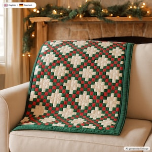 May include: A quilted throw blanket featuring a repeating geometric pattern of cream, forest green, and deep red squares. The quilt is finished with a solid dark green fabric border that frames the entire piece, providing a clean edge.