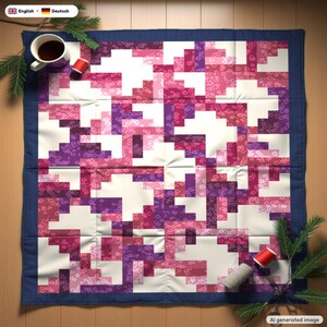 May include: A square quilt featuring a pixelated geometric pattern in shades of pink, purple, and white. The design incorporates small floral motifs within the blocks, framed by a solid dark blue border. The quilt is laid flat on a wooden surface.