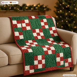 May include: A quilted throw blanket featuring a repeating patchwork pattern of solid dark green squares alternating with smaller red and white checkered blocks. The quilt has a red border and a textured, stitched surface throughout the fabric.