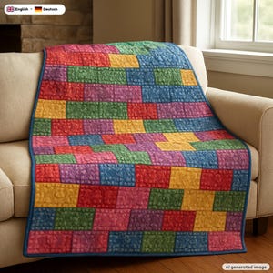 May include: A rectangular quilt featuring a repeating brick-like pattern of multicolored fabric blocks in shades of red, yellow, green, blue, and purple. The quilt is finished with a solid dark blue fabric border along all four edges.