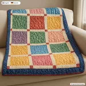 May include: A quilted blanket featuring a grid of multicolored squares in shades of pink, yellow, green, purple, and blue. The squares are separated by cream-colored sashing with small red corner accents, all bordered by a dark blue textured trim.