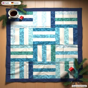 May include: A square quilt featuring a geometric pattern of alternating white, light blue, and teal fabric strips. The design incorporates floral motifs within the blue and teal sections, all framed by a solid dark blue border.