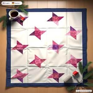 May include: A square quilt featuring a white background with a grid of nine four-pointed star shapes in varying shades of pink and purple with floral patterns. The quilt is framed by a solid dark blue border and has visible stitching lines.
