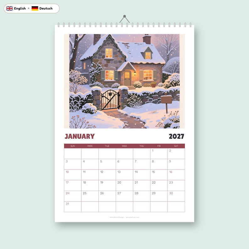 Kalender 2027 zum Ausdrucken, Cottage durchs Jahr, Wandkalender A4