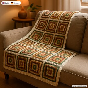 May include: A crochet blanket featuring a repeating pattern of square motifs in shades of cream, forest green, mustard yellow, and burnt orange. The squares are joined together with a cream-colored yarn border, creating a grid-like structure.