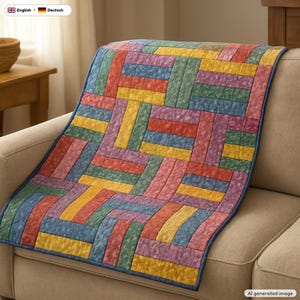 May include: A rectangular quilt featuring a geometric pattern of interlocking fabric strips in shades of yellow, red, green, blue, and purple. The fabric has a subtle mottled texture, and the entire piece is finished with a dark blue fabric border.