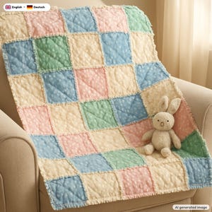 May include: A patchwork rag quilt featuring a grid of square fabric panels in pastel shades of blue, pink, yellow, and green, each with a subtle white polka dot pattern. A small, beige plush rabbit toy sits on the quilt surface.