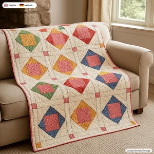 May include: A quilted throw blanket featuring a cream-colored background with a grid pattern of diamond-shaped patches. The patches are colored in shades of pink, yellow, green, and blue, with small pink squares at the intersections of the grid.