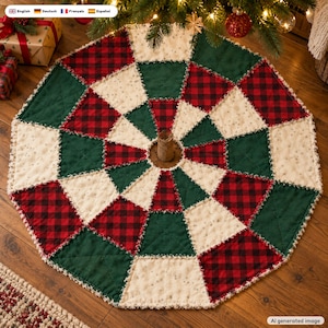 Puede incluir: Una falda circular para árbol de Navidad con un diseño de patchwork de segmentos de tela alternos en cuadros rojos y negros, verde oscuro sólido y tela color crema con un sutil patrón moteado, terminada con bordes deshilachados.