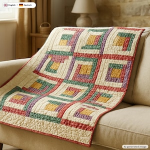 May include: A quilted throw blanket featuring a log cabin block pattern in a color palette of cream, mustard yellow, sage green, muted purple, and brick red. The fabric has a visible stitched texture throughout the square geometric design.