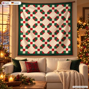 May include: A square quilt featuring a repeating geometric pattern of white, red, and green fabric blocks. The quilt has a dark green border and is displayed hanging on a wall above a white sofa with various decorative throw pillows.