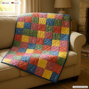 May include: A patchwork quilt featuring a grid of square fabric patches in shades of red, yellow, blue, and green. The quilt has a dark blue border and a subtle, repeating floral pattern printed on each individual square fabric patch.