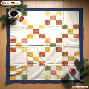 May include: A square quilt featuring a white background with a grid of small, floral-patterned squares in shades of orange, yellow, and green. The quilt is bordered by a dark blue fabric edge and includes a white mug and sewing supplies.