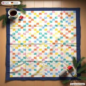 May include: A square quilt featuring a grid of white squares alternating with colorful floral-patterned squares in shades of orange, yellow, pink, and blue, finished with a solid dark blue border and a white mug of dark liquid.