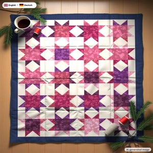 May include: A square quilt featuring a repeating star pattern in shades of pink, magenta, and purple with white accents. The quilt is bordered by a solid dark blue fabric and displays a floral print within the star shapes.