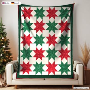 May include: A rectangular quilt featuring a repeating pattern of red and green eight-pointed stars on a white background, bordered by a solid dark green trim. The fabric displays a subtle speckled texture throughout the star shapes.