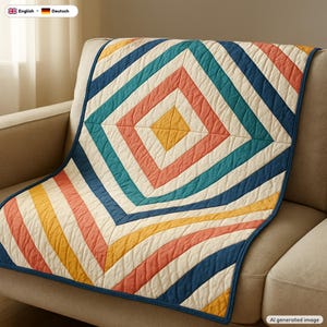 May include: A quilted throw blanket featuring a geometric diamond pattern in cream, navy blue, teal, coral, and yellow. The fabric has visible stitching lines throughout, creating a textured surface with a repeating angular design.