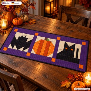 Halloween Table Runner Quilt Pattern, Cat Bat Pumpkin + Video, EN + DE PDF