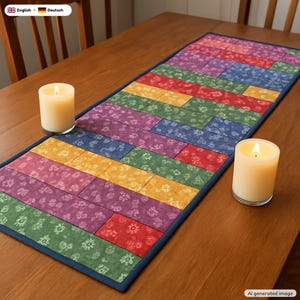 Staggered Strips Table Runner Quilt Pattern + Video Tutorial, EN + DE PDF