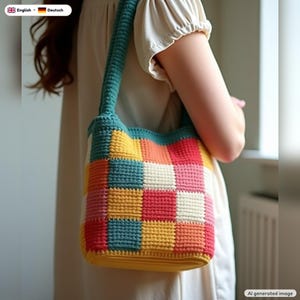 May include: A crochet tote bag featuring a multi-colored checkerboard pattern in shades of teal, yellow, orange, pink, and cream. The bag has a single shoulder strap and a rectangular base, constructed with a dense, textured yarn stitch.