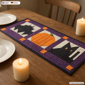 May include: A rectangular quilted table runner featuring a purple border and three central square panels. The panels display a black bat, an orange pumpkin, and a black cat with orange eyes, all accented by small orange square corner details.