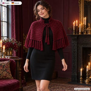 May include: A deep burgundy crochet capelet featuring a high ribbed collar, a front tie closure with tassels, and a fringe hem. The capelet is worn over a black long-sleeved dress. The garment has a textured, chunky knit construction.