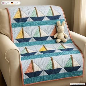 May include: A quilted blanket featuring a repeating pattern of sailboats in shades of yellow, mint green, and coral with dark blue hulls. The quilt has a light blue background, teal horizontal bands, and a coral border, with a plush rabbit toy.