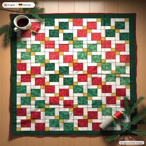 May include: A square quilt featuring a grid pattern of red, dark green, and white fabric squares separated by small yellow squares. The quilt has a dark green border and is decorated with small floral patterns on the colored squares.