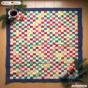 May include: A square quilt featuring a checkered pattern of red, green, and yellow squares, each decorated with small floral motifs. The quilt is framed by a solid dark blue border and is laid out flat on a wooden surface.