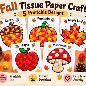 Könnte beinhalten: Ein Set aus fünf druckbaren Herbst-Bastelvorlagen aus Seidenpapier mit Eichel, Kürbis, Ahornblatt, Apfel und Pilz. Jede quadratische Karte zeigt ein saisonales Motiv, das mit buntem, zerknülltem Seidenpapier gefüllt ist. Der Text umfasst Fall Tissue Paper Craft, 5 Printable Designs, 5 Unique Designs, Printable PDF, Instant Download und Easy & Fun Activity.