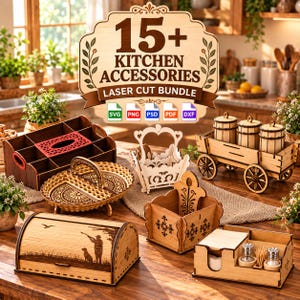 May include: A collection of laser-cut wooden kitchen accessories including a bread box with a hunter graphic, a wagon-style condiment holder, a multi-compartment organizer, a decorative basket, and a napkin holder with salt and pepper shakers.