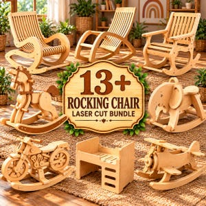 May include: A digital collection of laser cut files for wooden rocking chairs and animal-shaped rockers, including a horse, elephant, motorcycle, and airplane, with the text 13+ ROCKING CHAIR LASER CUT BUNDLE displayed in the centre.